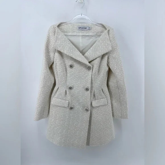 Self-Portrait Cream off white Metallic Boucle Mini Jacket Dress Size UK 10 US 6 - Picture 6 of 16